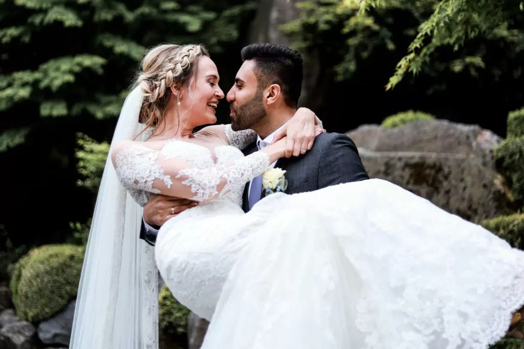 a bride and groom on their wedding day; they are no longer single